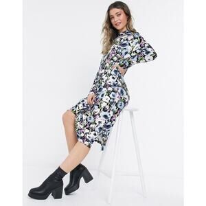 Monki Pia Floral Print Midi T-Shirt Dress Women's Size XL Multicolor High Neck